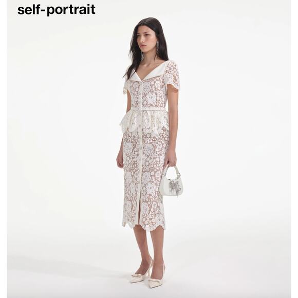 Self Portrait Cream Lace Peplum Midi Dress Wedding Bridal Cocktail US 2 NWT - Picture 2 of 16